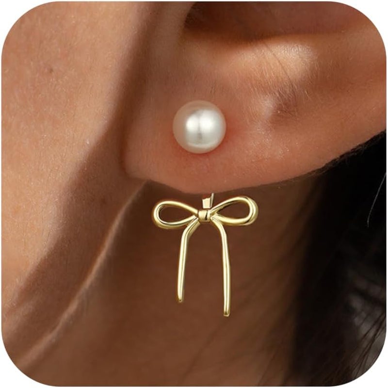 JIAOGE Christmas Gifts for Women Teen Girls Kids - Gold Bow Earrings for Women Jewelry Huggie Hoop Stud Earrings Hypoallergenic CZ Pearl Drop Bow Earring Gifts for Girls Wedding Birthday Gifts - Image 1